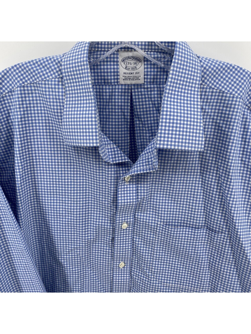 Brooks Brothers Shirt Mens 17.5 34 (XL) Regent Fit Blue White Gingham Plaid